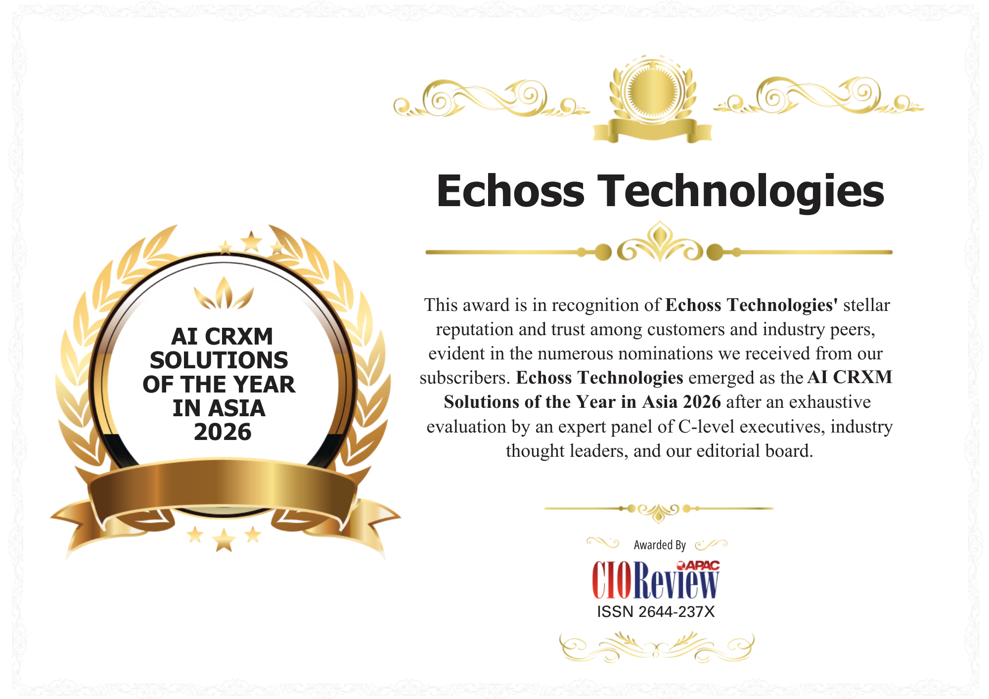 Read more about the article Echoss Technologies 榮獲美國《CIOReview》評選 2026 年度亞洲最佳 AI CRXM 解決方案